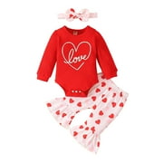 LMTODLFG Baby Boy Clothes Toddler Girls Valentine's Day Long Sleeve Letter Romper Bodysuits Hearts Printed Bell Bottoms Pants Headbands Kids Outfits Toddler Boy Clothes